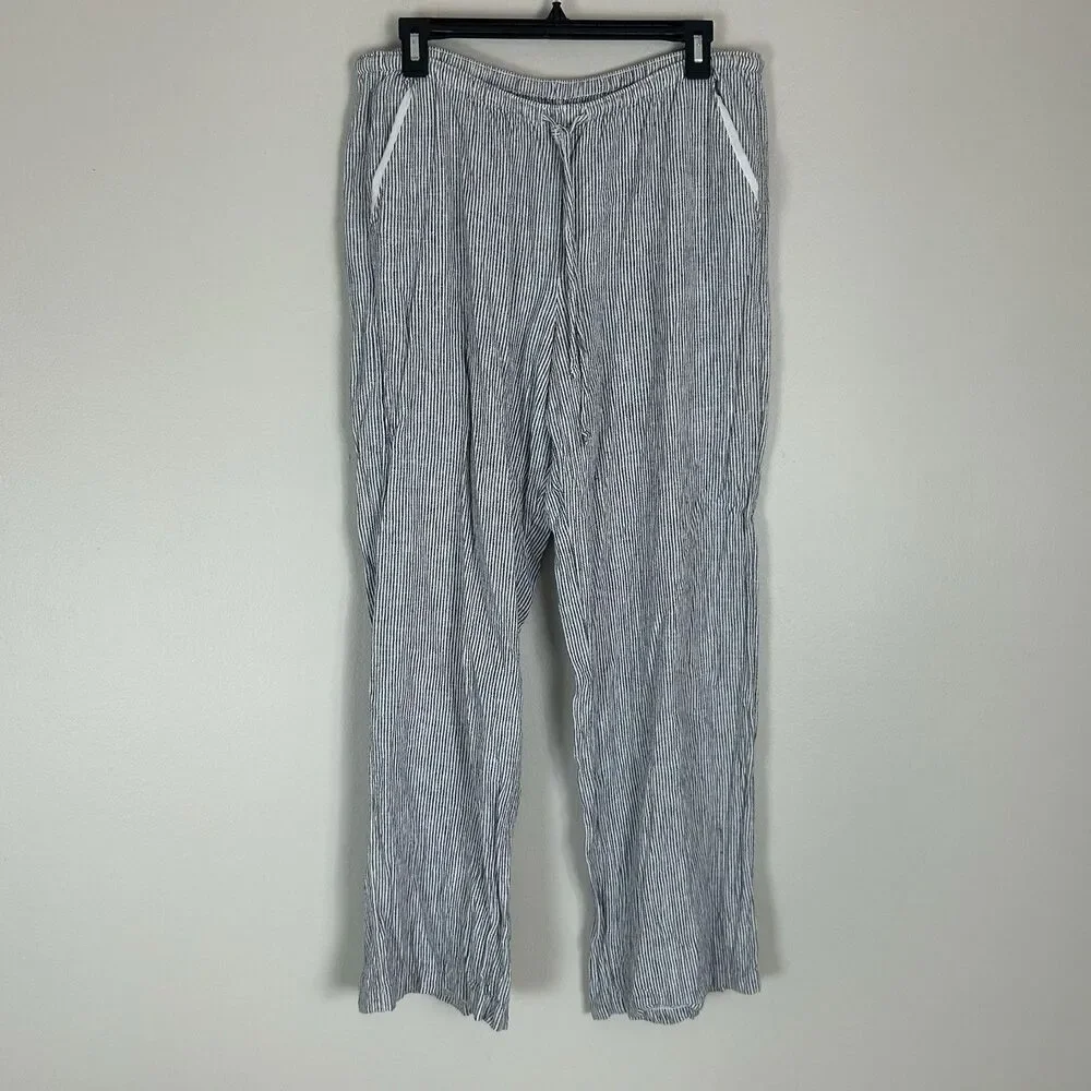 Hollister M Beach Pants Linen Stripe Blue Mid Rise Wide Leg Drawstring Coastal